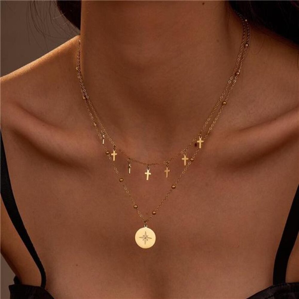 18K Gold-Plated Cross Double Layered Pendant Necklace